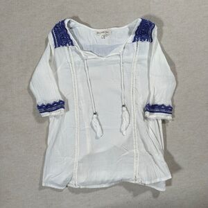 Billabong White And Blue 100% Cotton Grecian Boho Flowy Top Blouse Mama Mia